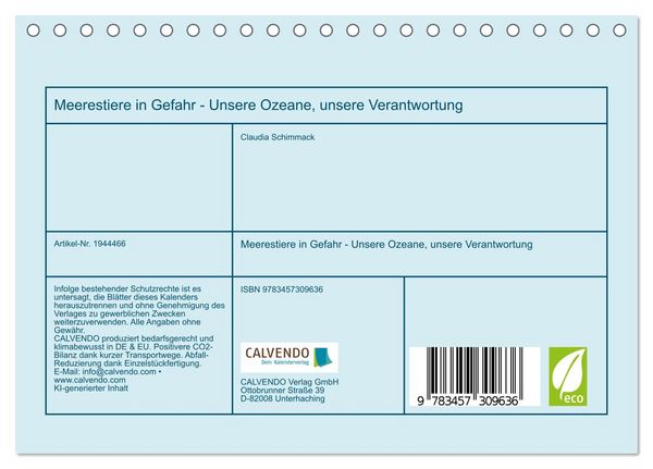 Produktbild: Meerestiere in Gefahr - Unsere Ozeane, unsere Verantwortung (Tischkalender 2026 DIN A5 quer), CALVENDO Monatskalender