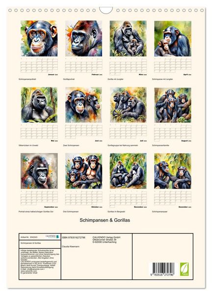 Produktbild: Schimpansen & Gorillas (Wandkalender 2026 DIN A3 hoch), CALVENDO Monatskalender