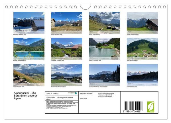 Produktbild: Alpenauszeit - Die Bergh&uuml;tten unserer Alpen (Wandkalender 2026 DIN A4 quer), CALVENDO Monatskalender