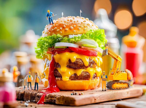 Produktbild: CALVENDO Puzzle Miniatur Bauarbeiter mit Bagger servieren saftigen Burger am Grill | 2000 Teile Lege-Gr&ouml;&szlig;e 90x67cm Foto-Puzzle f&uuml;r gl&uuml;ckliche Stunden