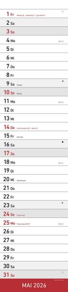 Produktbild: Streifenplaner XL ROT 2026 - Streifenkalender 15x64 cm - Wandplaner - Küchenkalender - schmales Design - eine Spalte - Langplaner