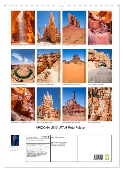 Produktbild: ARIZONA UND UTAH Rote Felsen (Wandkalender 2026 DIN A2 hoch), CALVENDO Monatskalender