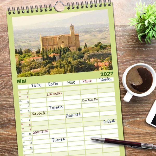 Produktbild: Familienplaner 2027 - Toskana. Livorno - Volterra - Piombino mit 5 Spalten (Wandkalender, 21 x 45 cm) CALVENDO