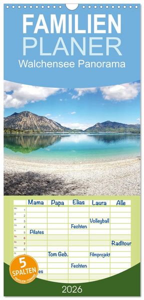 Familienplaner 2026 - Walchensee Panorama mit 5 Spalten (Wandkalender, 21 x 45 cm) CALVENDO