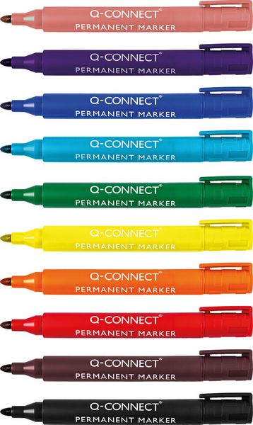 Produktbild: Q-CONNECT&reg; Permanent Marker mit Rundspitze, 10er Etui (schwarz, braun, rot, orange, gelb, gr&uuml;n, hellblau, blau,, violett, rosa)