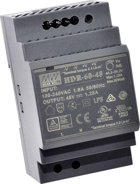 Produktbild: MEAN WELL HDR-60-24 Hutschienen-Netzteil (DIN-Rail) 24 V/DC 2.5 A 60 W Anzahl Ausg&auml;nge:1 x Inhalt 1 St.