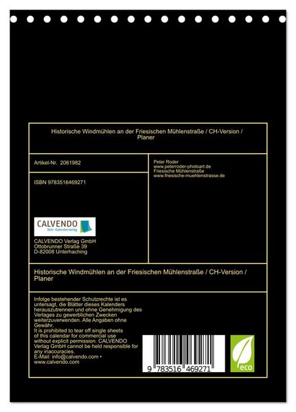 Produktbild: Historische Windm&uuml;hlen an der Friesischen M&uuml;hlenstra&szlig;e / CH-Version / Planer (Tischkalender 2026 DIN A5 hoch), CALVENDO Monatskalender