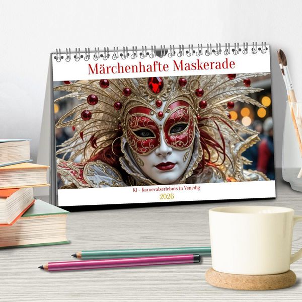 Produktbild: M&auml;rchenhafte Maskerade KI - Karnevalserlebnis in Venedig (Tischkalender 2026 DIN A5 quer), CALVENDO Monatskalender