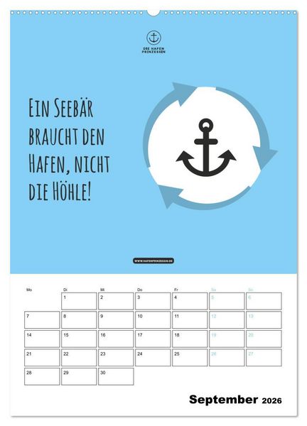 Produktbild: hafenprinzessin: Ankertr&auml;ume & Meer - Der moderne Zitate-Wandkalender f&uuml;r maritime Lebensmomente! (Wandkalender 2026 DIN A2 hoch), CALVENDO Monatskalender