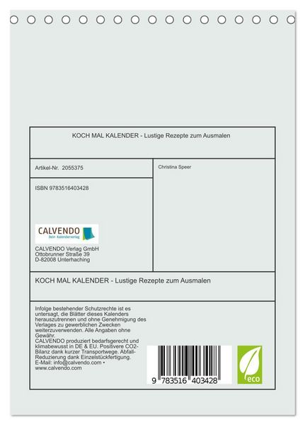Produktbild: KOCH MAL KALENDER - Lustige Rezepte zum Ausmalen (Tischkalender 2026 DIN A5 hoch), CALVENDO Monatskalender
