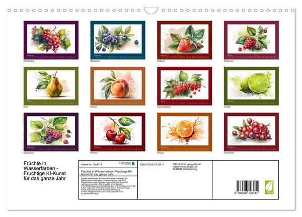Produktbild: Fr&uuml;chte in Wasserfarben - Fruchtige KI-Kunst f&uuml;r das ganze Jahr (Wandkalender 2026 DIN A3 quer), CALVENDO Monatskalender