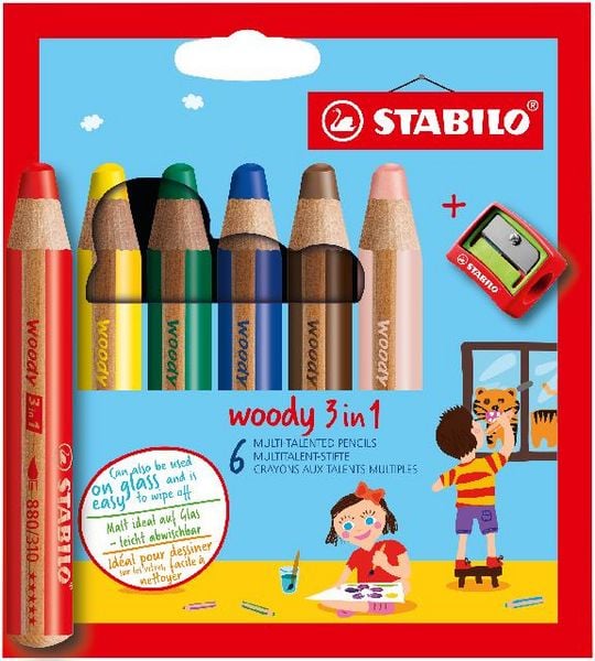 Produktbild: STABILO Buntstift, Wasserfarbe & Wachsmalkreide -  woody 3 in 1 - 6er Pack mit Spitzer - mit 6 verschiedenen Farben