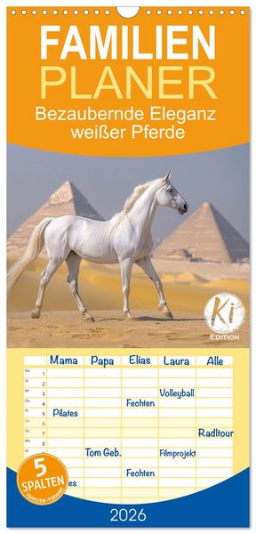 Produktbild: Familienplaner 2026 - Bezaubernde Eleganz wei&szlig;er Pferde mit 5 Spalten (Wandkalender, 21 x 45 cm) CALVENDO
