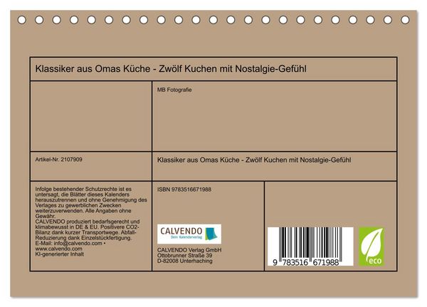 Produktbild: Klassiker aus Omas K&uuml;che - Zw&ouml;lf Kuchen mit Nostalgie-Gef&uuml;hl (Tischkalender 2026 DIN A5 quer), CALVENDO Monatskalender