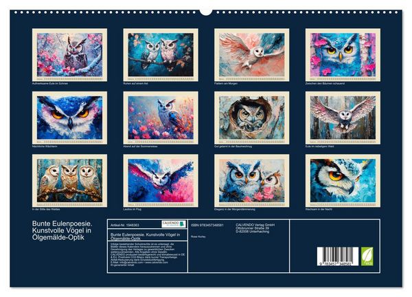 Produktbild: Bunte Eulenpoesie. Kunstvolle V&ouml;gel in &Ouml;lgem&auml;lde-Optik (hochwertiger Premium Wandkalender 2026 DIN A2 quer), Kunstdruck in Hochglanz