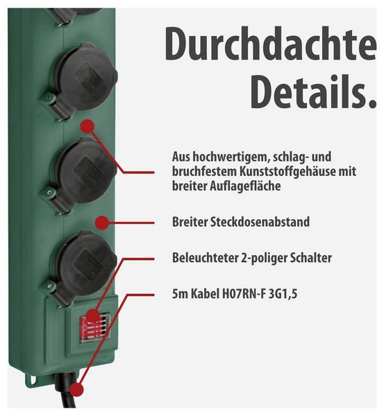 Produktbild: Brennenstuhl 1159910215 Outdoor Steckdosenleiste mit Schalter 5fach Gr&uuml;n Schutzkontakt 1St.