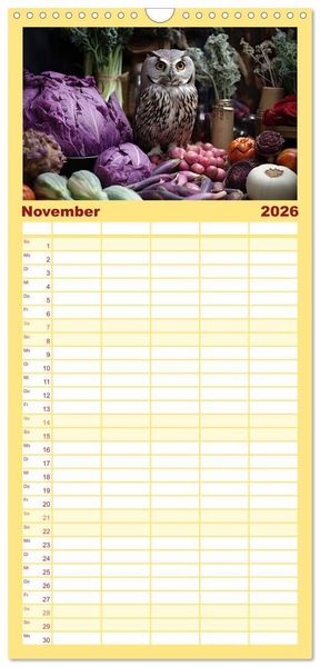 Produktbild: Familienplaner 2026 - Stillleben mit Eule mit 5 Spalten (Wandkalender, 21 x 45 cm) CALVENDO