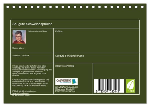Produktbild: Saugute Schweinespr&uuml;che (Tischkalender 2026 DIN A5 quer), CALVENDO Monatskalender