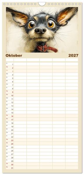 Produktbild: Familienplaner 2027 - Karikatur trifft Hund. Ein Blick auf charmante Vierbeiner mit 5 Spalten (Wandkalender, 21 x 45 cm) CALVENDO