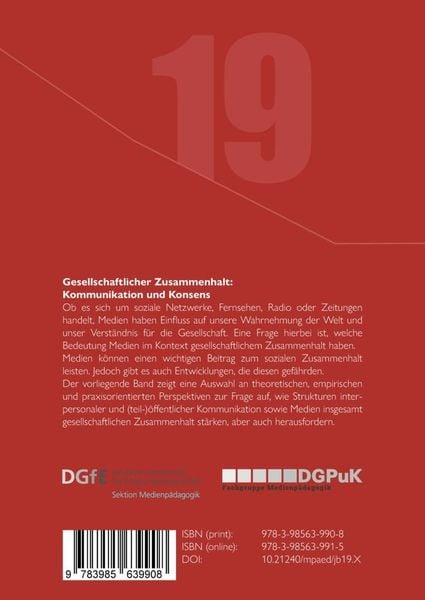 Produktbild: Jahrbuch Medienp&auml;dagogik 19: Gesellschaftlicher Zusammenhalt: Kommunikation und Konsens