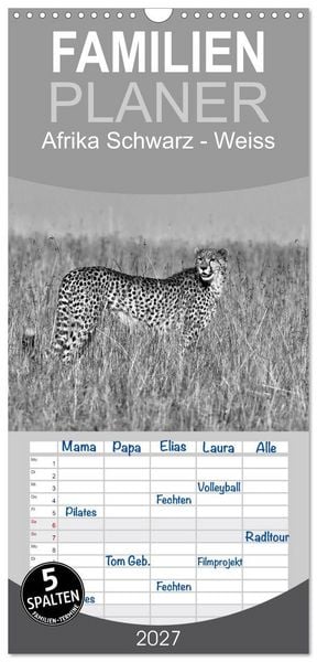 Produktbild: Familienplaner 2027 - Afrika Schwarz - Weiss mit 5 Spalten (Wandkalender, 21 x 45 cm) CALVENDO