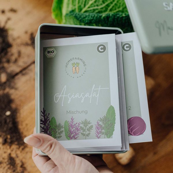 Produktbild: Saatgut Bio-Saatgutbox Wintergem&uuml;se in Wei&szlig;blechdose, mit 6 Sorten