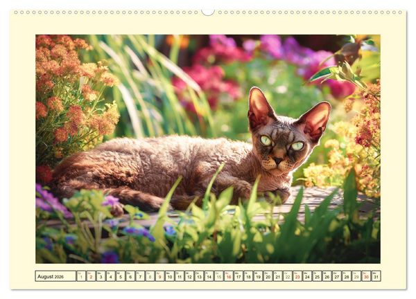 Produktbild: Devon Rex Katzen. Der aufgeweckte Kobold im Garten (Wandkalender 2026 DIN A2 quer), CALVENDO Monatskalender
