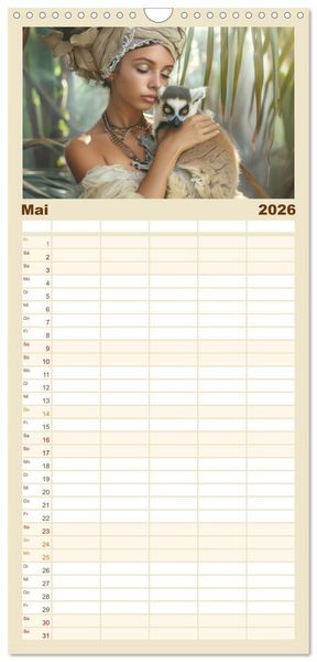 Produktbild: Familienplaner 2026 - Tierliebe - In exotischer Umgebung mit 5 Spalten (Wandkalender, 21 x 45 cm) CALVENDO