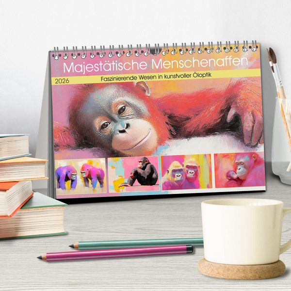 Produktbild: Majest&auml;tische Menschenaffen. Faszinierende Wesen in kunstvoller &Ouml;loptik (Tischkalender 2026 DIN A5 quer), CALVENDO Monatskalender