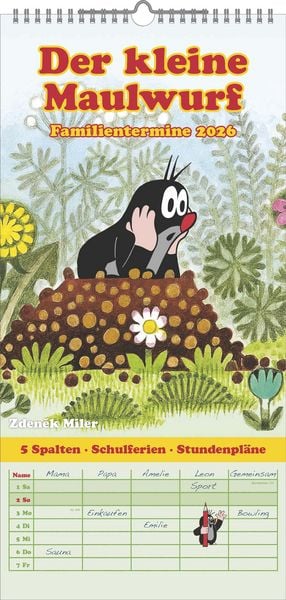 Produktbild: N NEUMANNVERLAGE - Der kleine Maulwurf 2026 Familienplaner, 22x45cm, Familienkalender mit 5 Spalten für Termine und Notizen, schöne Abbildungen, Stund