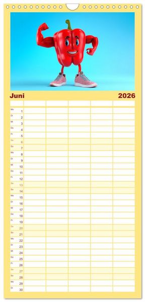 Produktbild: Familienplaner 2026 - Esse ich nicht! Der freche Kinderkalender mit Obst & Gem&uuml;se mit 5 Spalten (Wandkalender, 21 x 45 cm) CALVENDO