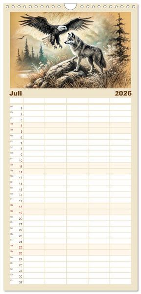 Produktbild: Familienplaner 2026 - Die Eleganz der W&ouml;lfe - Mythische Begegnungen in der Natur mit 5 Spalten (Wandkalender, 21 x 45 cm) CALVENDO