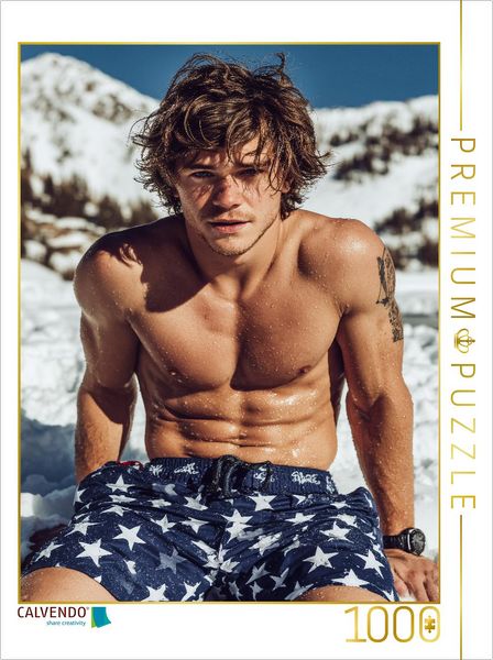 CALVENDO Puzzle Heißer boy mit Sixpack in Badehose im Schnee | 1000 Teile Lege-Größe 64x48cm Foto-Puzzle für glückliche Stunden