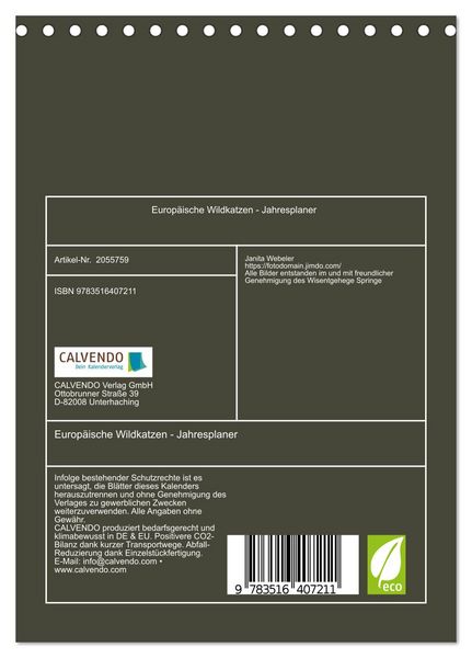 Produktbild: Europ&auml;ische Wildkatzen - Jahresplaner (Tischkalender 2026 DIN A5 hoch), CALVENDO Monatskalender