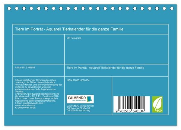 Produktbild: Tiere im Portr&auml;t - Aquarell Tierkalender f&uuml;r die ganze Familie (Tischkalender 2026 DIN A5 quer), CALVENDO Monatskalender