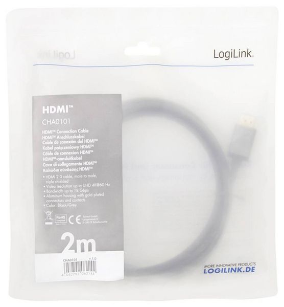 Produktbild: LogiLink HDMI AV Anschlusskabel [1x HDMI-Stecker - 1x HDMI-Stecker] 2m Schwarz-Grau