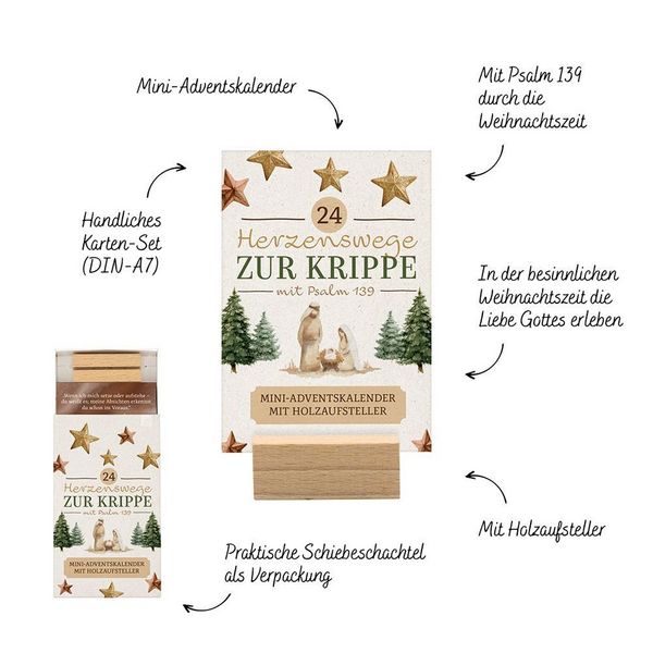 Produktbild: 24 Herzenswege zur Krippe mit Psalm 139 - Mini-Adventskalender
