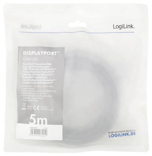 Produktbild: LogiLink DisplayPort AV Anschlusskabel [1x DisplayPort - 1x DisplayPort] 5m Schwarz/Grau