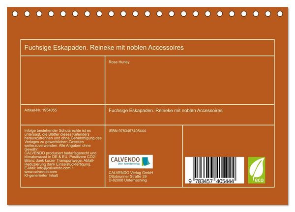 Produktbild: Fuchsige Eskapaden. Reineke mit noblen Accessoires (Tischkalender 2026 DIN A5 quer), CALVENDO Monatskalender