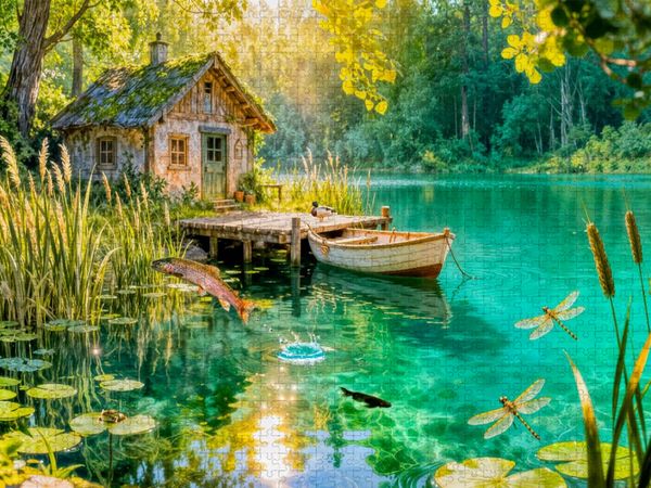Produktbild: CALVENDO Puzzle Cottage Fischerh&uuml;tte am Weiher mit springenden Forellen | 2000 Teile Lege-Gr&ouml;&szlig;e 90x67cm Foto-Puzzle f&uuml;r gl&uuml;ckliche Stunden