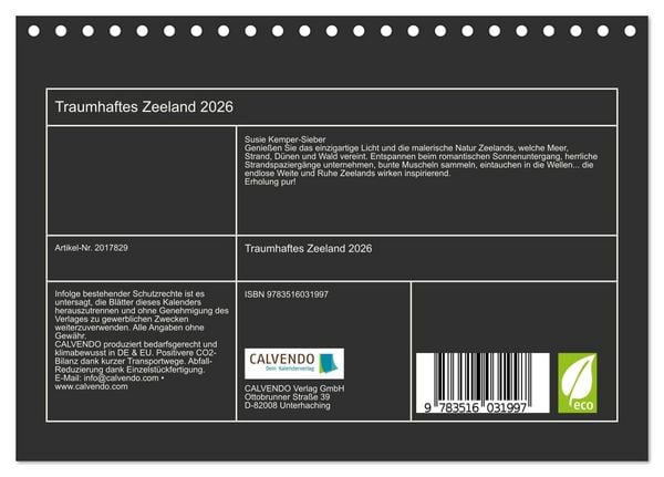 Produktbild: Traumhaftes Zeeland 2026 (Tischkalender 2026 DIN A5 quer), CALVENDO Monatskalender