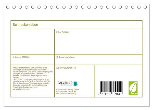 Produktbild: Schneckenleben (Tischkalender 2026 DIN A5 quer), CALVENDO Monatskalender