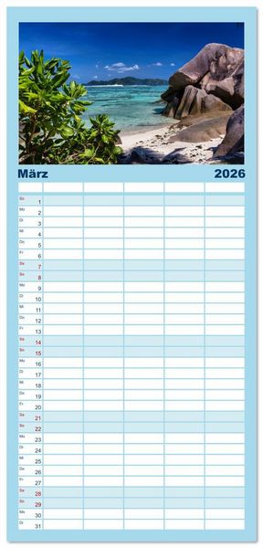 Produktbild: Familienplaner 2026 - Die Seychellen - ganz nah am Paradies mit 5 Spalten (Wandkalender, 21 x 45 cm) CALVENDO