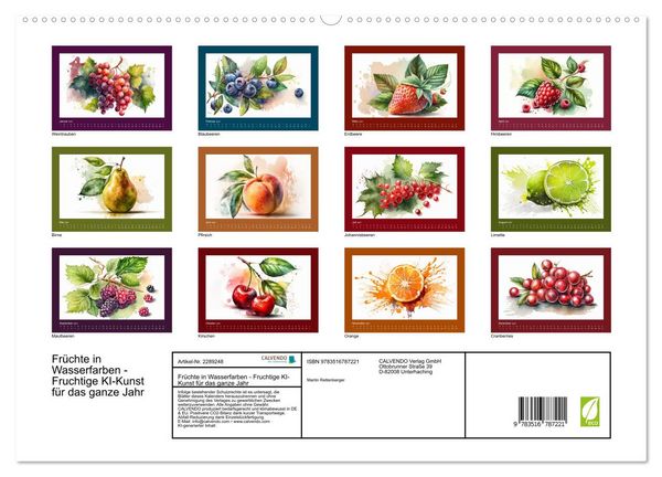 Produktbild: Fr&uuml;chte in Wasserfarben - Fruchtige KI-Kunst f&uuml;r das ganze Jahr (hochwertiger Premium Wandkalender 2027 DIN A2 quer), Kunstdruck in Hochglanz
