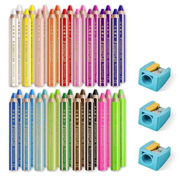 Produktbild: STAEDTLER Noris junior 140 Kindermalstift 3 in 1, Eimer mit 36 Malstiften in 18 sortierten Farben und 3 Spitzern, 140 C36