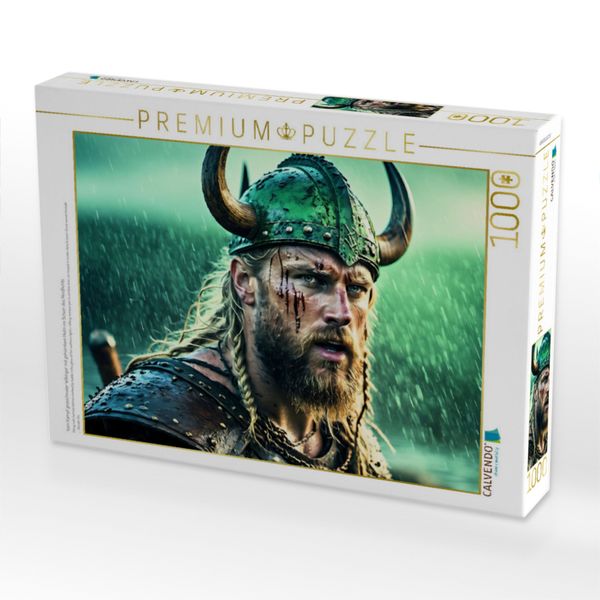 Produktbild: CALVENDO Puzzle Vom Kampf gezeichneter Wikinger mit geh&ouml;rntem Helm im Schein des Nordlichts | 1000 Teile Lege-Gr&ouml;&szlig;e 64x48cm Foto-Puzzle f&uuml;r gl&uuml;ckliche
