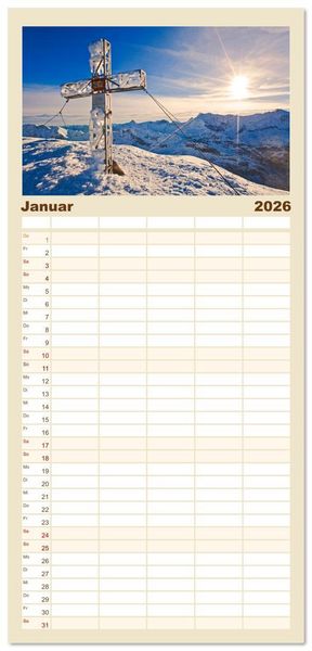 Produktbild: Familienplaner 2026 - Gipfelkreuze im Sonnenlicht mit 5 Spalten (Wandkalender, 21 x 45 cm) CALVENDO