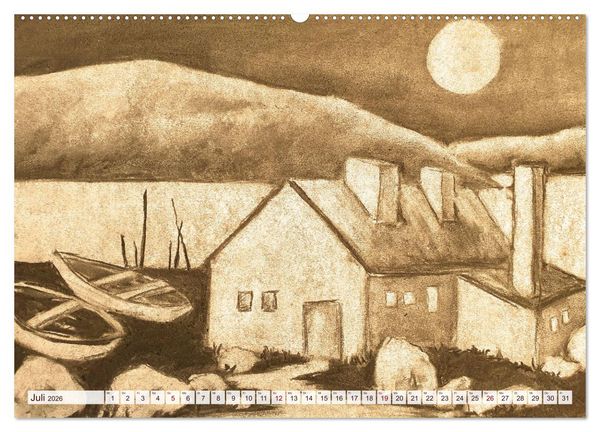 Produktbild: Pausen f&uuml;r deine Seele - Seelenlandschaften in Sepia - Ein Jahr der Ruhe mit Kohlezeichnungen (Wandkalender 2026 DIN A2 quer), CALVENDO Monatskalender