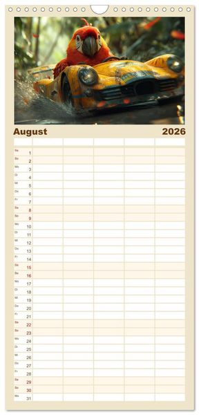 Produktbild: Familienplaner 2026 - Tierische Rennfahrer - Mit Tieren im Oldtimer durch das Jahr mit 5 Spalten (Wandkalender, 21 x 45 cm) CALVENDO