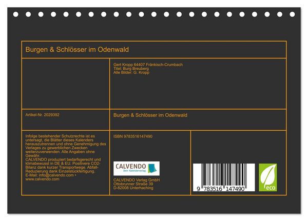 Produktbild: Burgen & Schl&ouml;sser im Odenwald (Tischkalender 2026 DIN A5 quer), CALVENDO Monatskalender